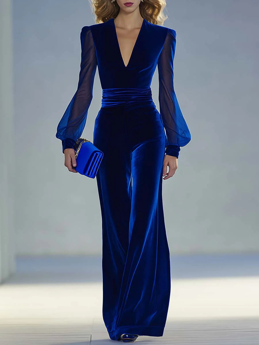 Retro elegant V-neck mesh long-sleeved royal velvet jumpsuit-thevervian