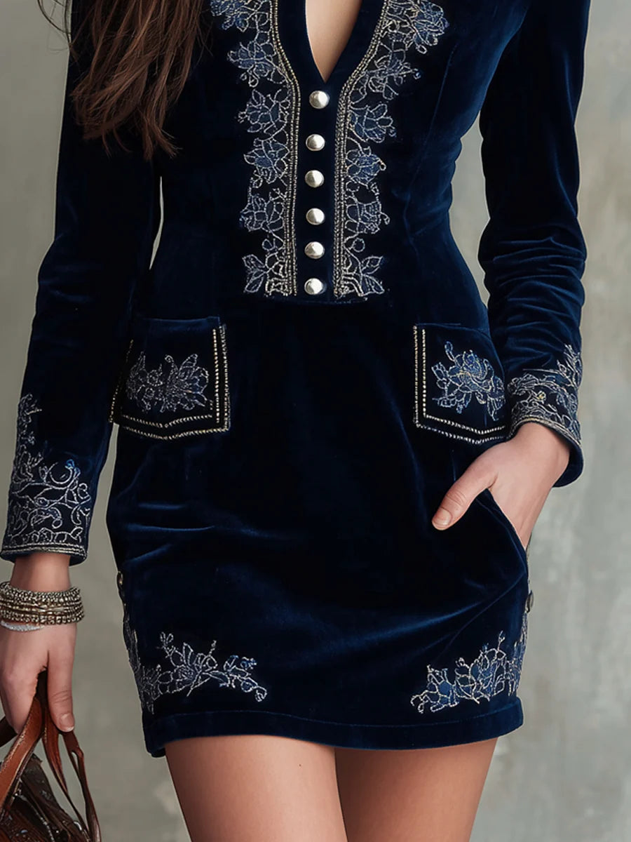 Vintage Embroidered Fitted Velvet Mini Dress-thevervian