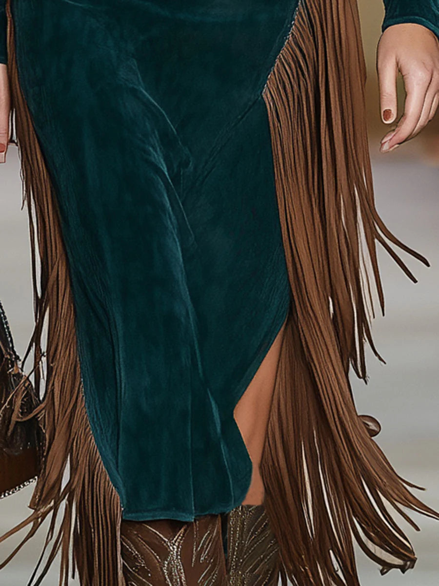 Western Green Faux Suede One-Shoulder Tassel Dress-thevervian