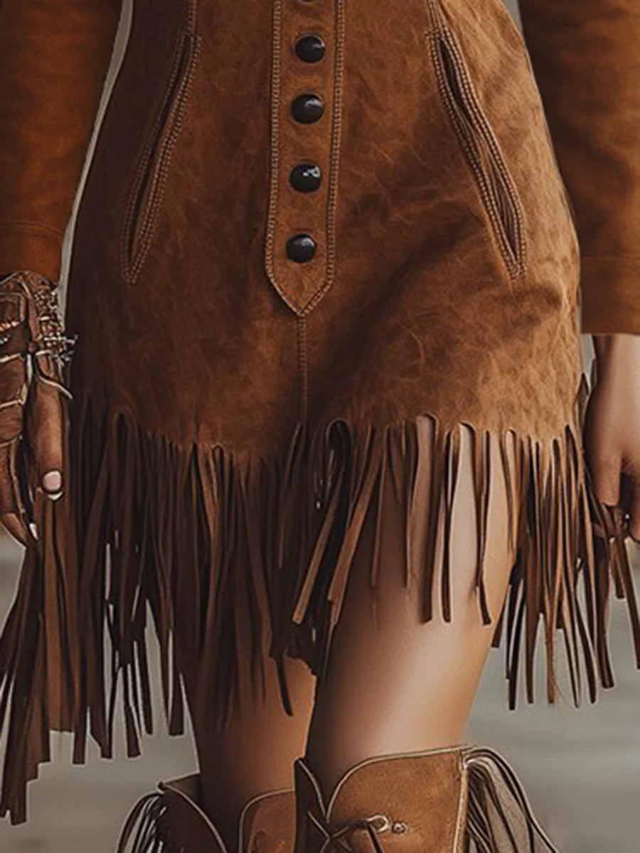 Western Style Tassel Brown Faux Suede Long Seleve Mini Dress-thevervian