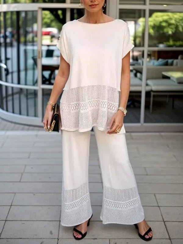 Hollow Crew Neck Short-sleeved Top and Wide-leg Pants Set-thevervian