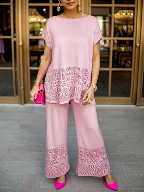 Hollow Crew Neck Short-sleeved Top and Wide-leg Pants Set-thevervian