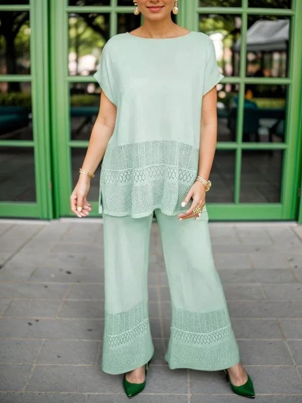 Hollow Crew Neck Short-sleeved Top and Wide-leg Pants Set-thevervian