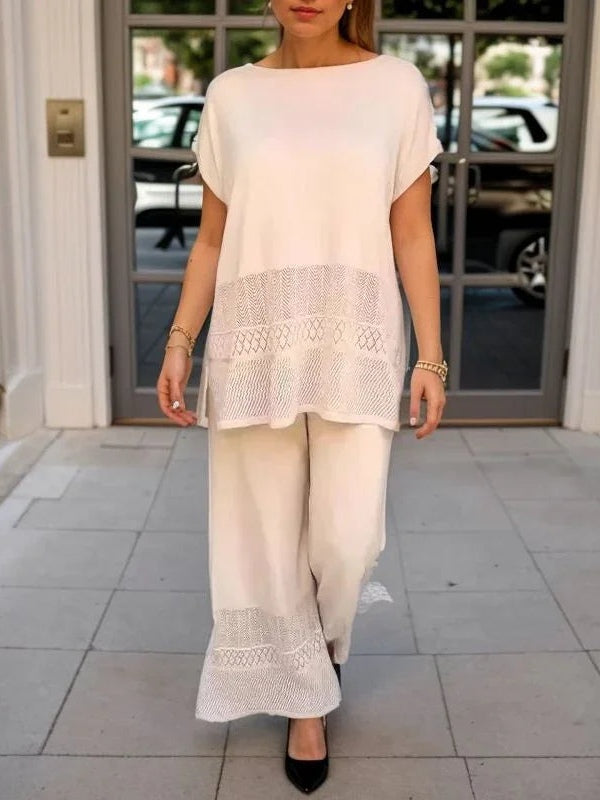 Hollow Crew Neck Short-sleeved Top and Wide-leg Pants Set-thevervian