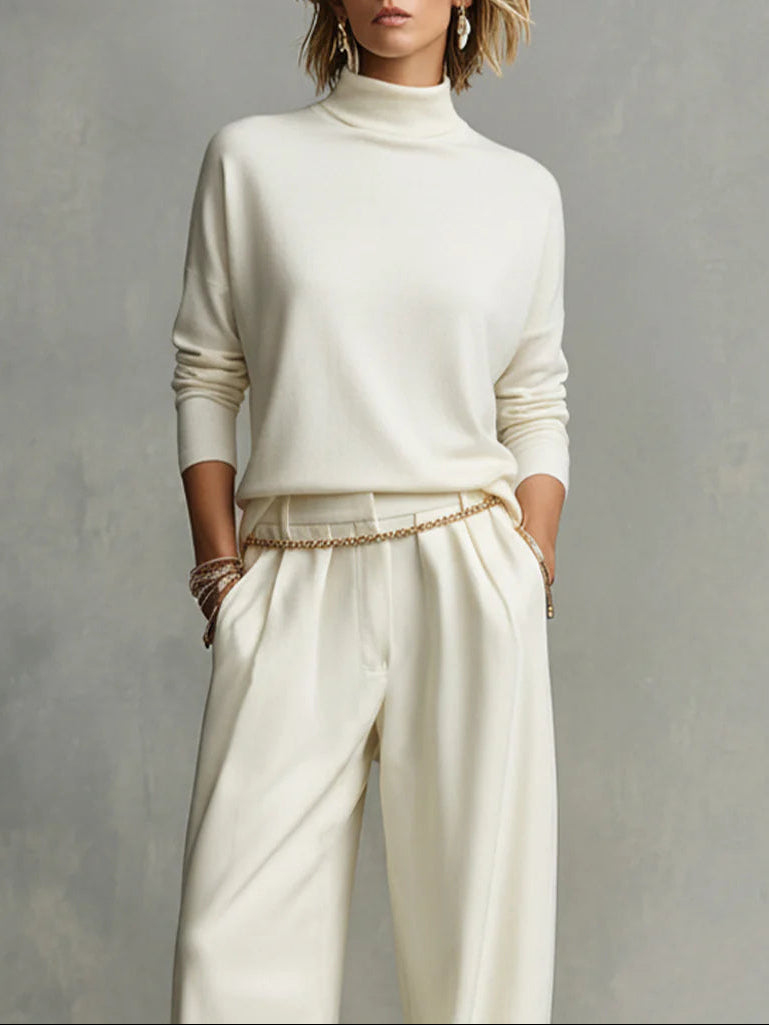 Soft turtleneck top and flowing wide-leg pants set (including waist chain)-thevervian