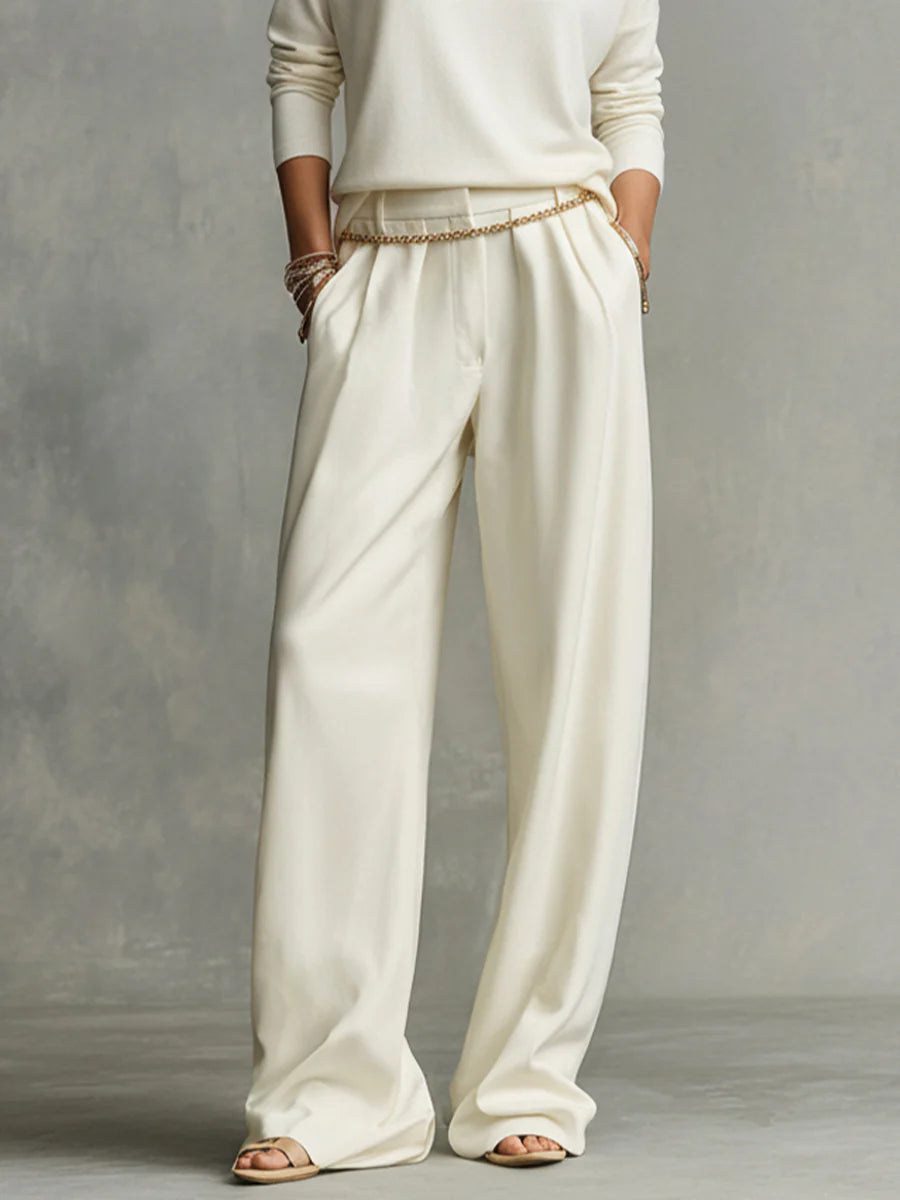 Soft turtleneck top and flowing wide-leg pants set (including waist chain)-thevervian