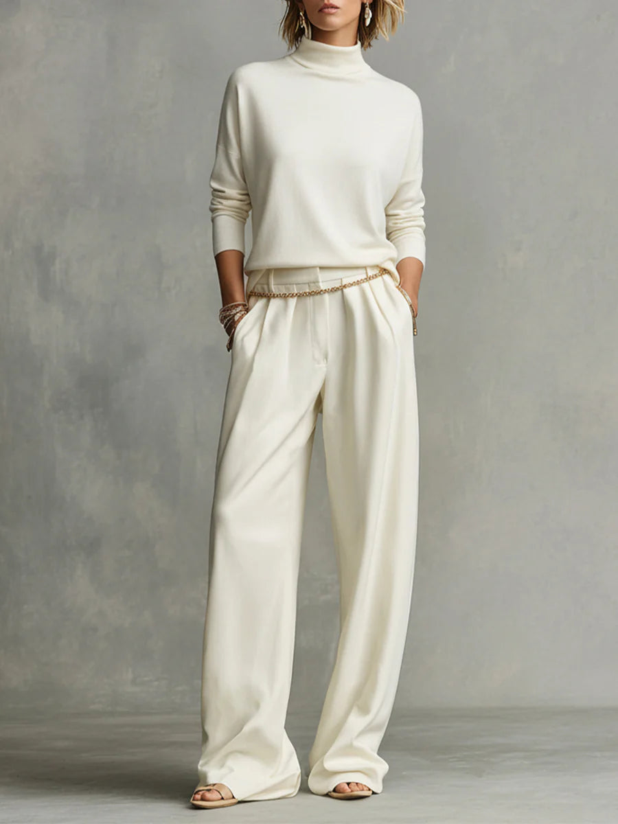 Soft turtleneck top and flowing wide-leg pants set (including waist chain)-thevervian