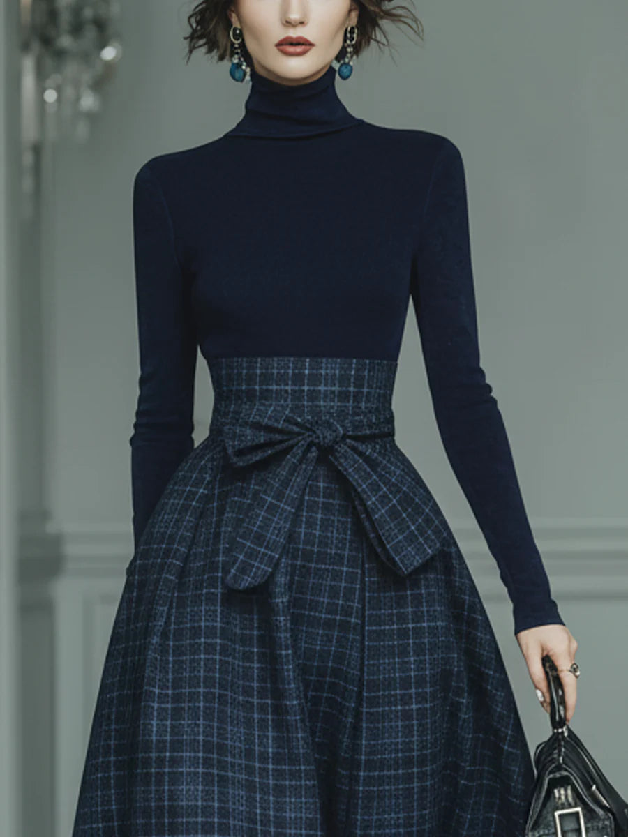 Dark blue turtleneck stretch top and plaid skirt set-thevervian