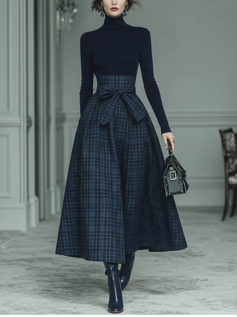 Dark blue turtleneck stretch top and plaid skirt set-thevervian