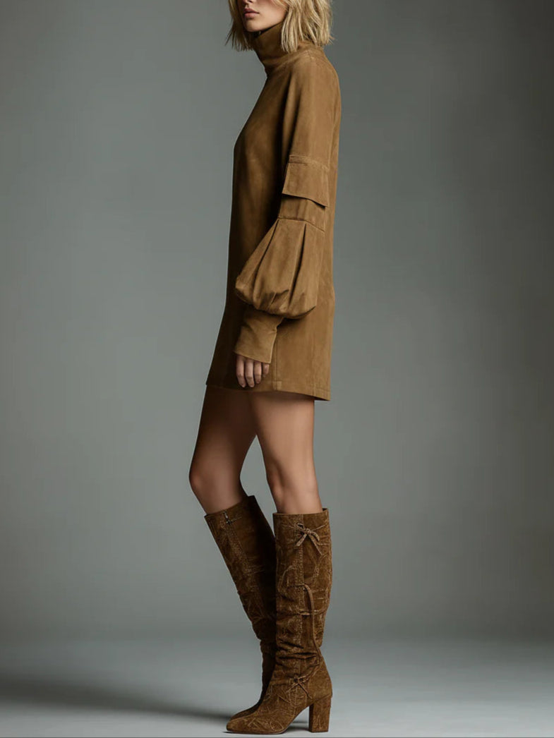 Vintage Loose Suede Turtleneck Mini Dress-thevervian