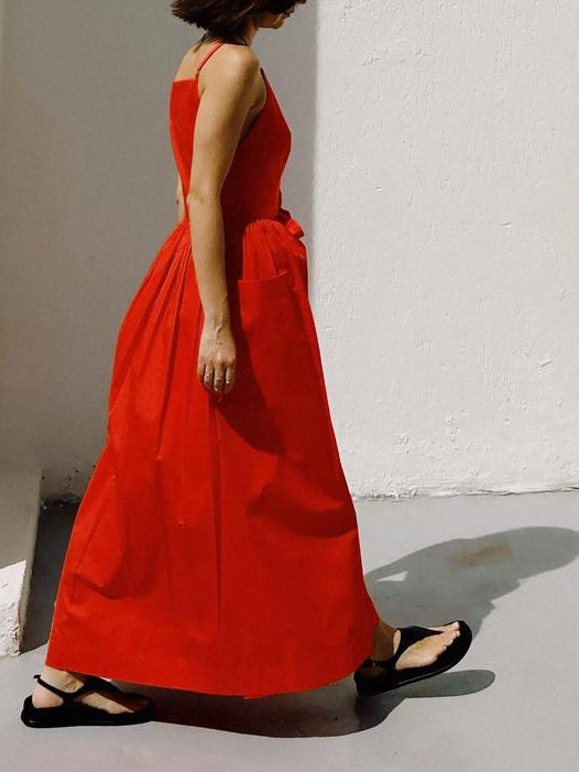 Sun Waist Midi Dress with No Side Seams-thevervian