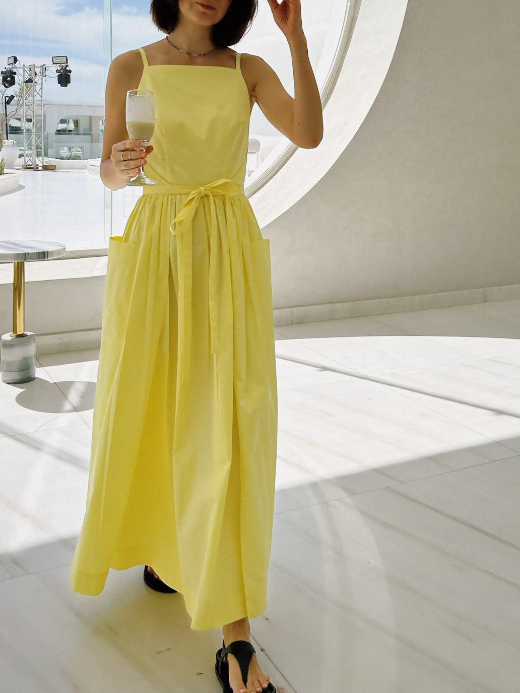 Sun Waist Midi Dress with No Side Seams-thevervian