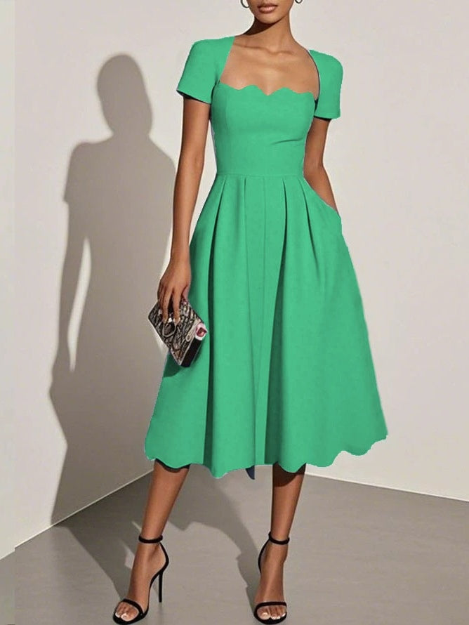 Black Irregular Craftsmanship Classic Square Neck Short Sleeve A-Line Midi Dress-thevervian