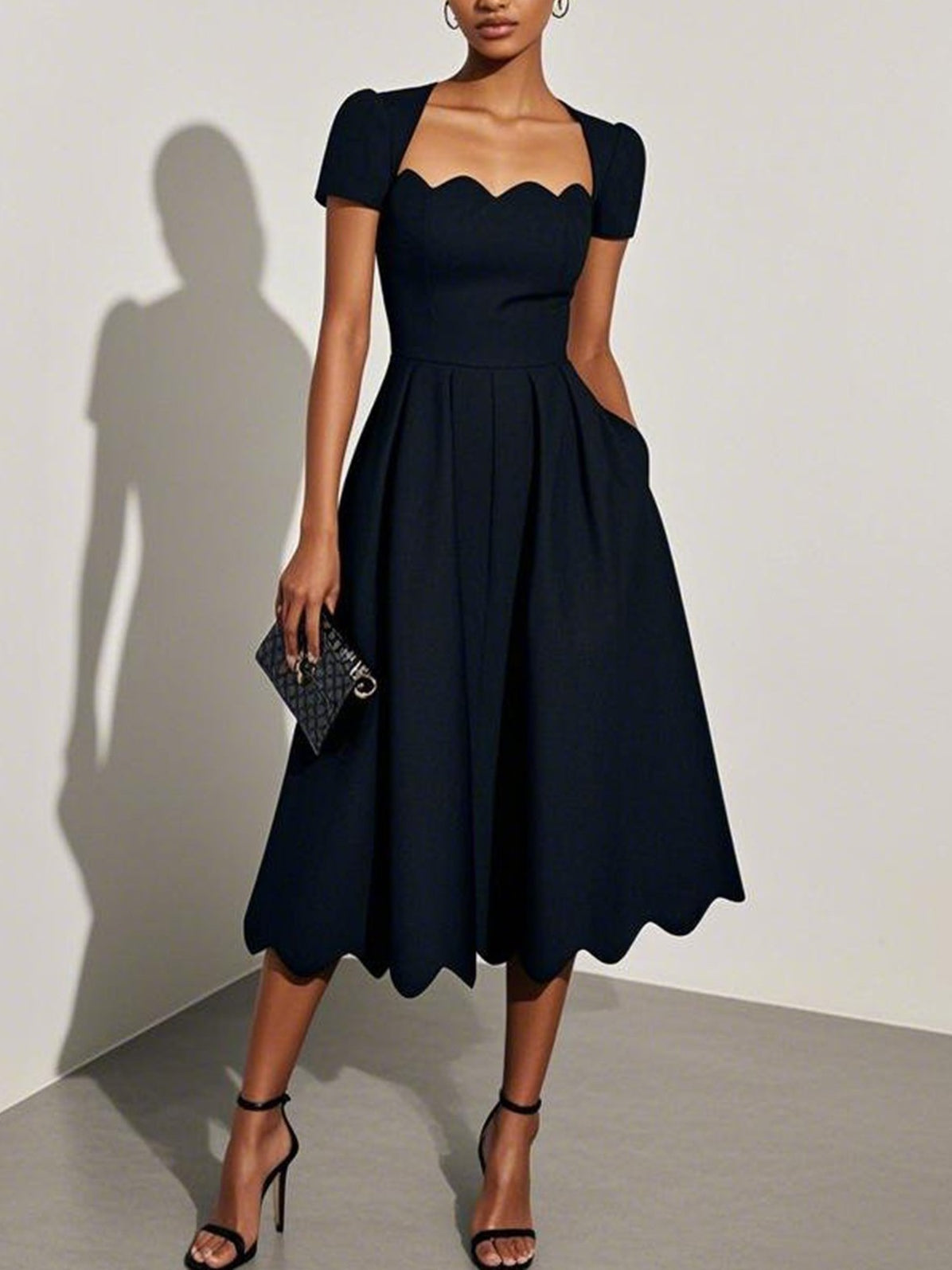 Black Irregular Craftsmanship Classic Square Neck Short Sleeve A-Line Midi Dress-thevervian