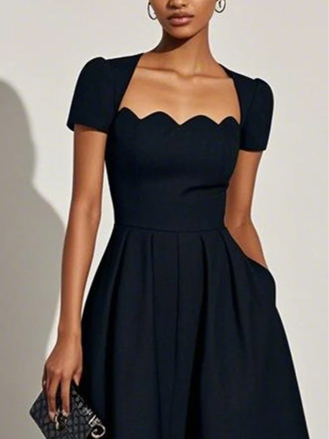 Black Irregular Craftsmanship Classic Square Neck Short Sleeve A-Line Midi Dress-thevervian