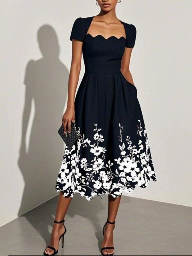 Black Floral Print Irregular Square Neck Short Sleeve A-line Midi Dress-thevervian