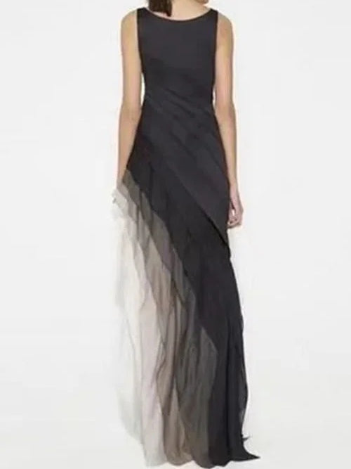 Black High Waist Tulle SleeGradientveless Maxi Dress-thevervian