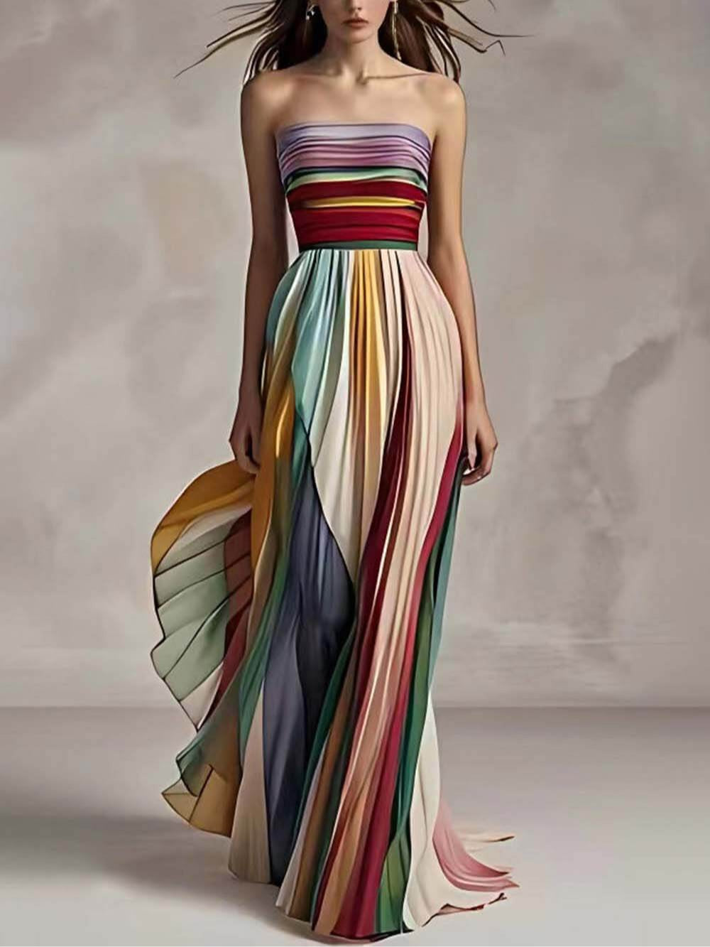 Elegant Striped Printed Off-shoulder Pleated Bandeau Maxi Dress-thevervian