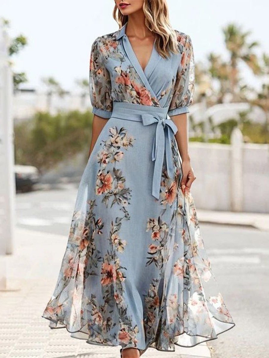Floral Print V-Neck Short Sleeve Bow Waist Midi Dress-thevervian