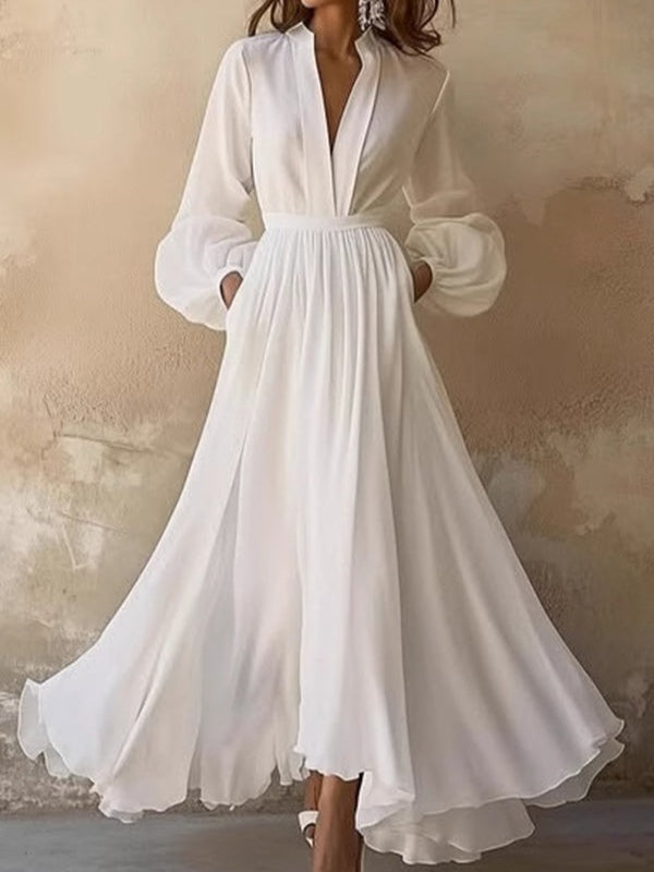 White V-neck Lantern Sleeve Ruffled Maxi Dress-thevervian