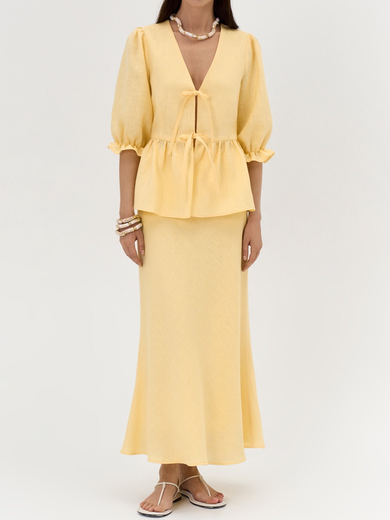 Yellow V-neck Mid-sleeve Top High Waist Skirt Linen Suit-thevervian