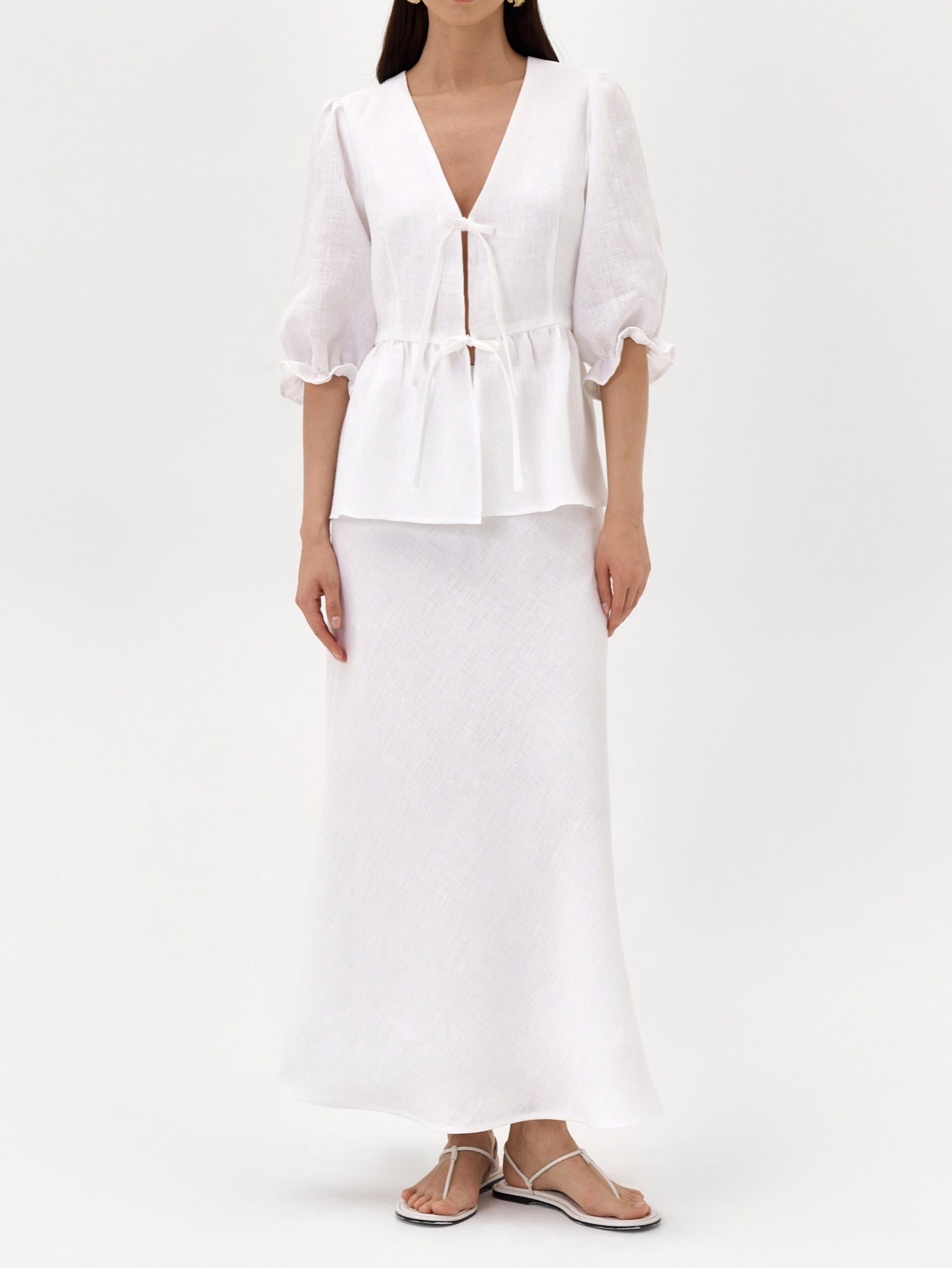 Yellow V-neck Mid-sleeve Top High Waist Skirt Linen Suit-thevervian