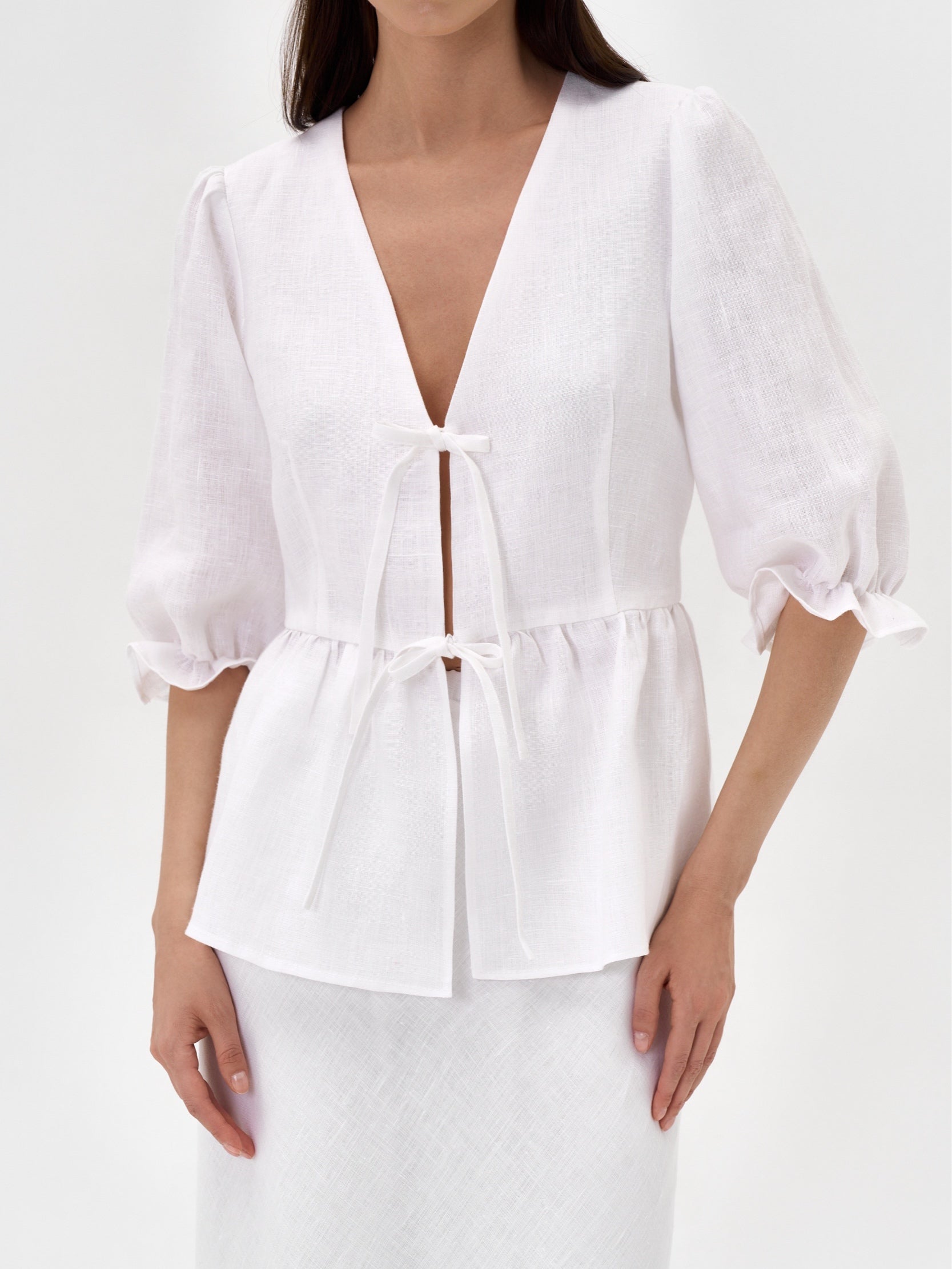 Yellow V-neck Mid-sleeve Top High Waist Skirt Linen Suit-thevervian