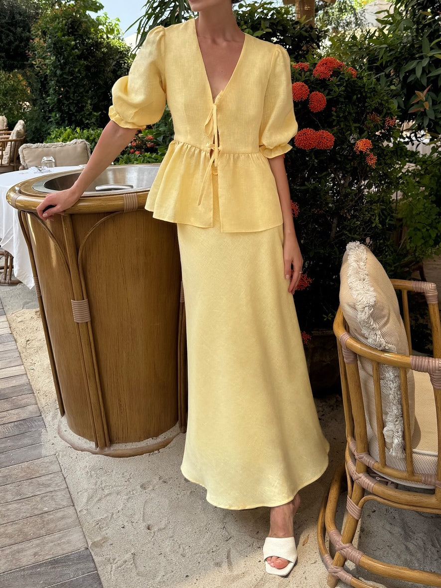 Yellow V-neck Mid-sleeve Top High Waist Skirt Linen Suit-thevervian
