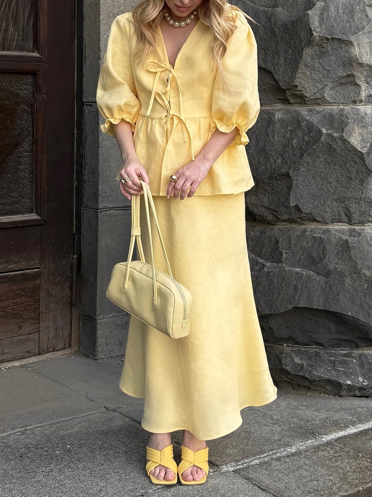 Yellow V-neck Mid-sleeve Top High Waist Skirt Linen Suit-thevervian