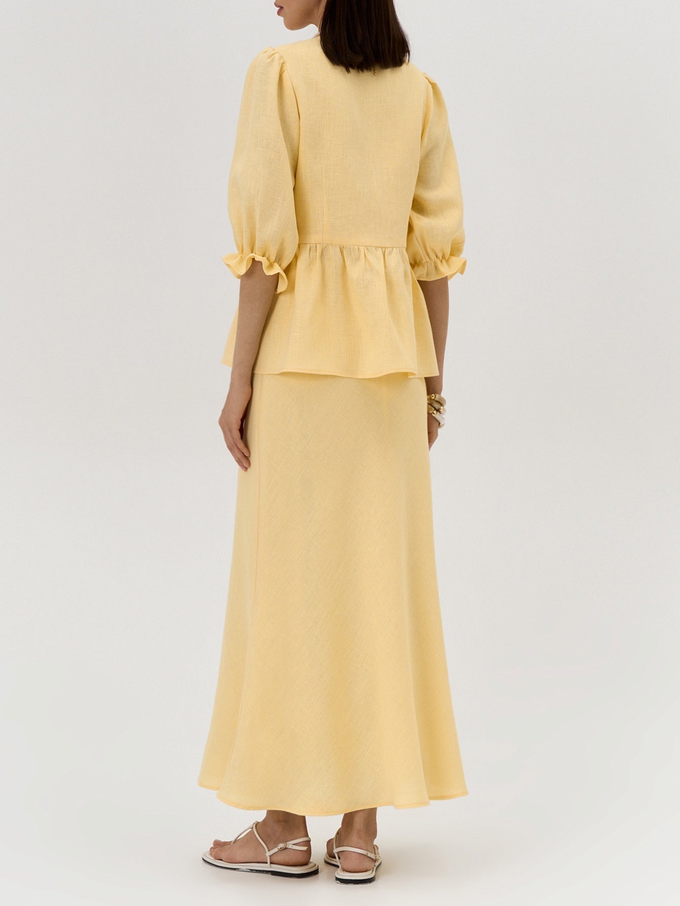 Yellow V-neck Mid-sleeve Top High Waist Skirt Linen Suit-thevervian
