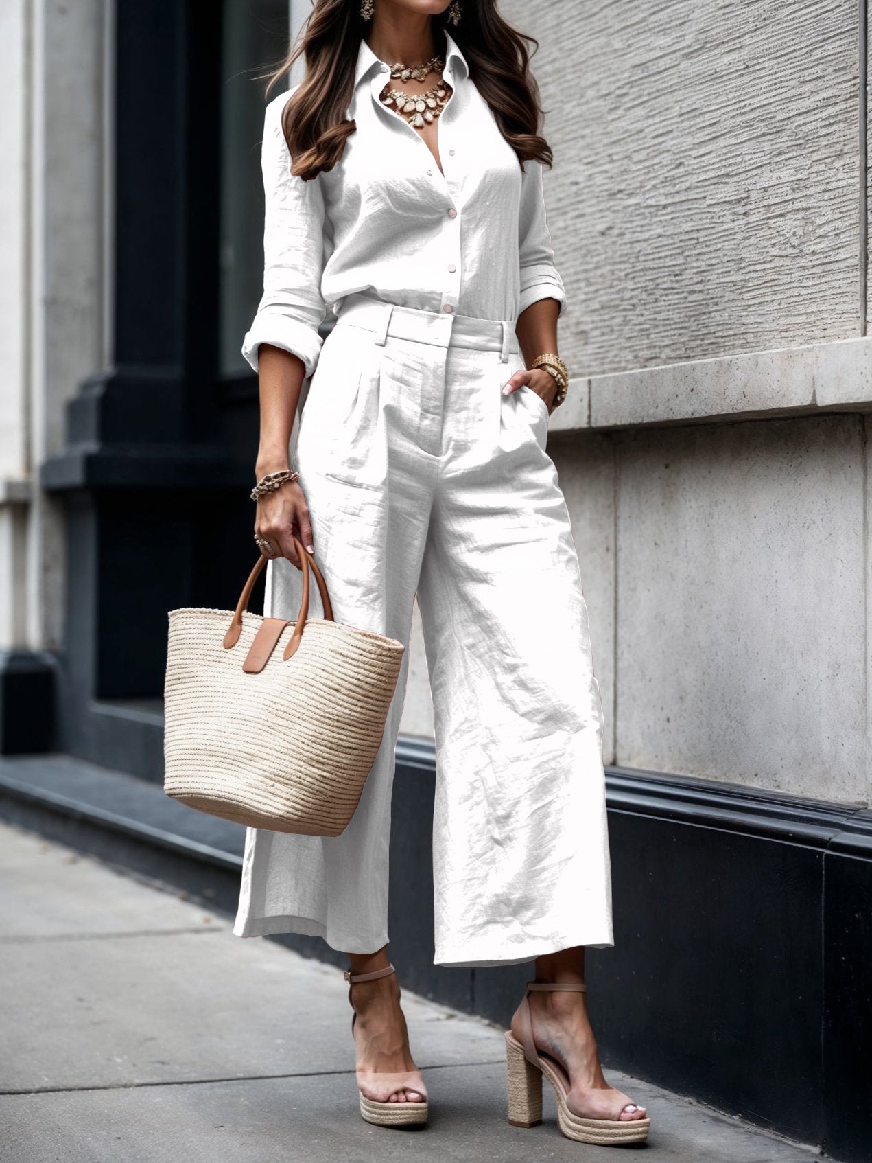 Pink Capri Pants and Loose Shirt Linen Set-thevervian