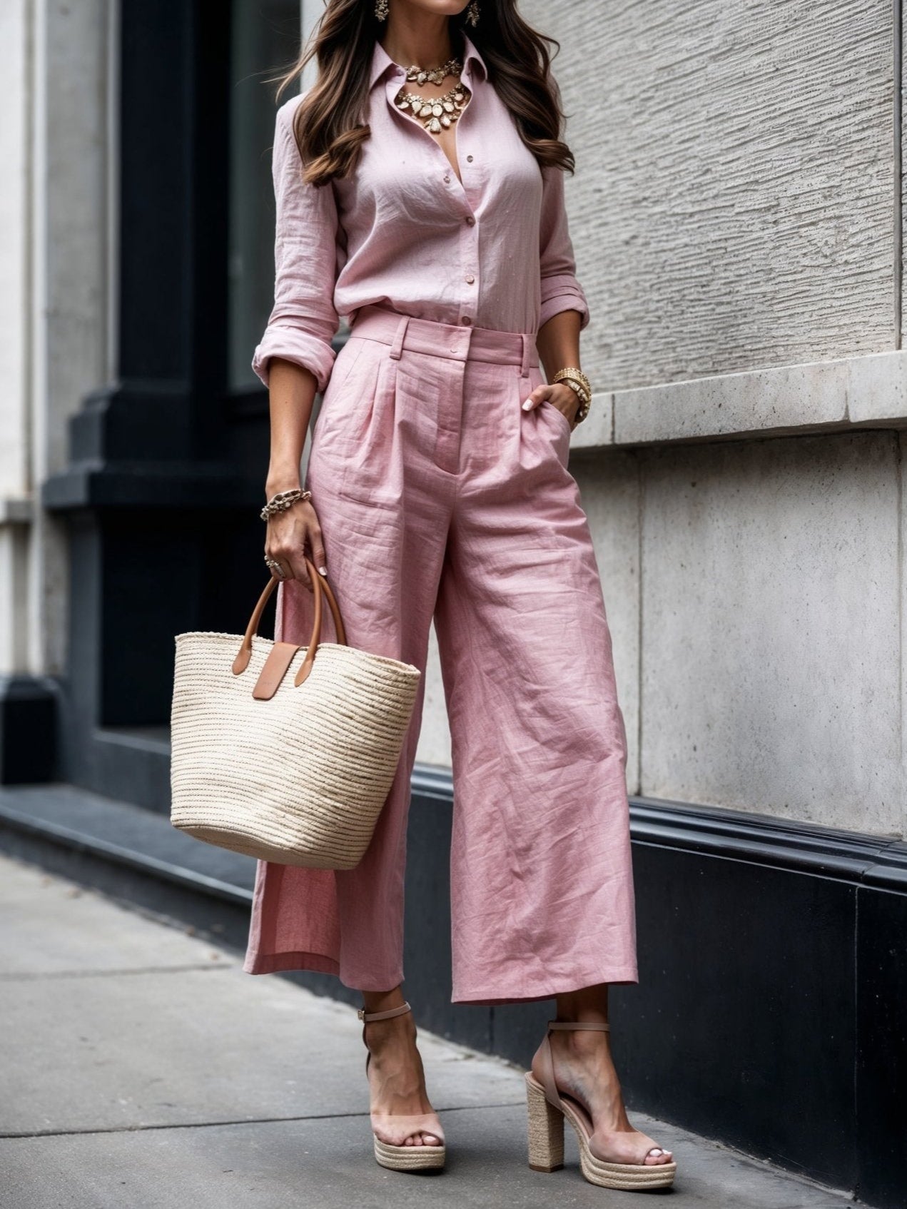 Pink Capri Pants and Loose Shirt Linen Set-thevervian