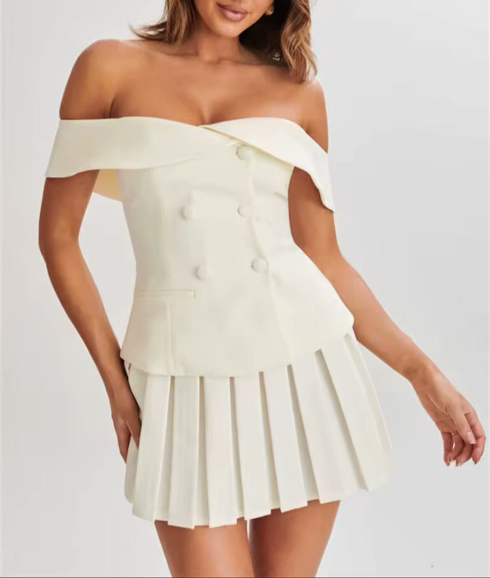 One-shoulder Suit Top With Pleated Skirt Suit-thevervian