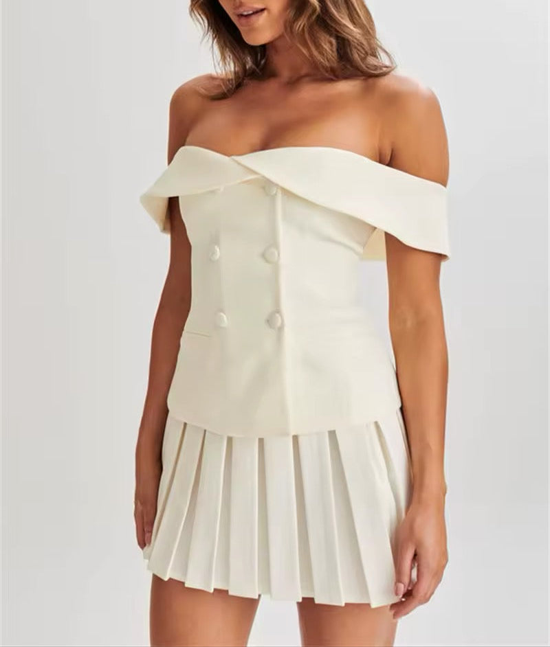 One-shoulder Suit Top With Pleated Skirt Suit-thevervian