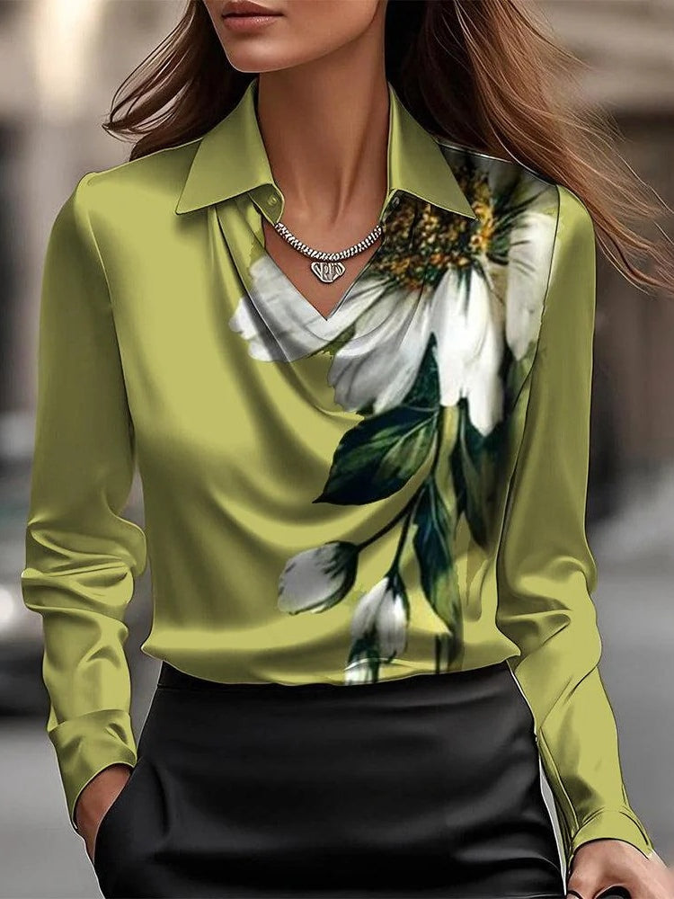 Solid Satin Floral Print Simple Swing Collar Shirt Top-thevervian