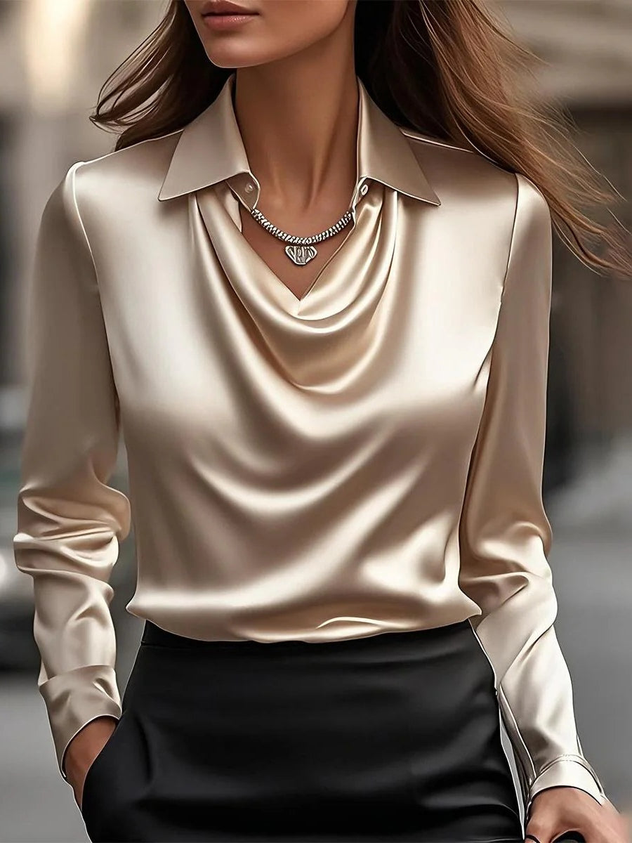 Solid Satin Floral Print Simple Swing Collar Shirt Top-thevervian