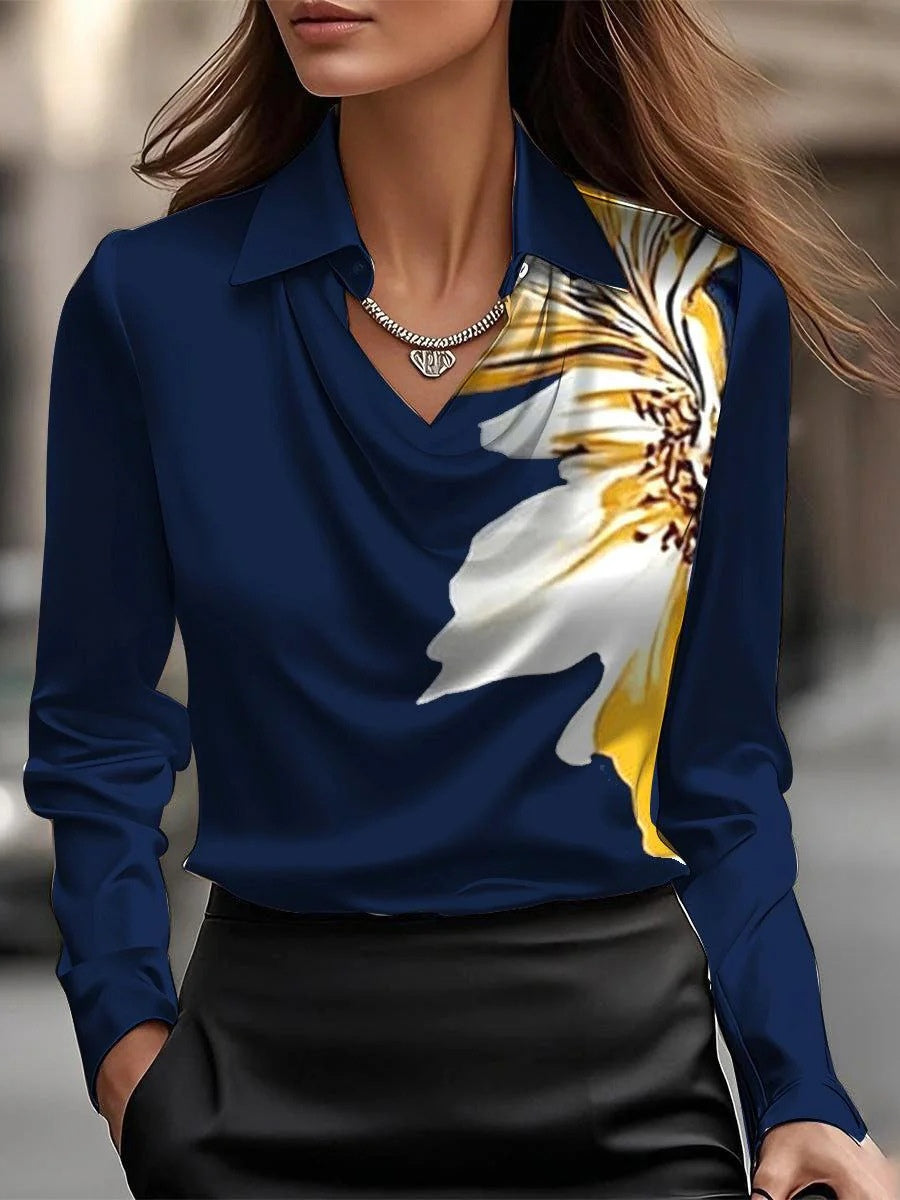 Solid Satin Floral Print Simple Swing Collar Shirt Top-thevervian
