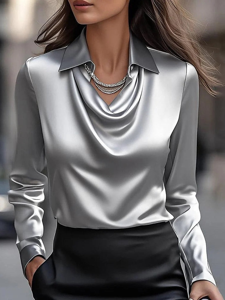 Solid Satin Floral Print Simple Swing Collar Shirt Top-thevervian