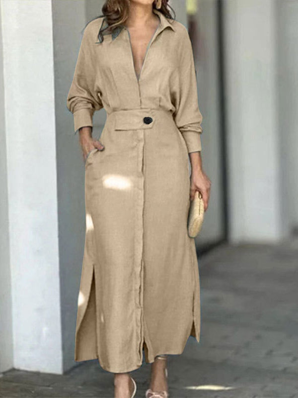 Elegant Long Sleeve Simple Shirt Dress-thevervian