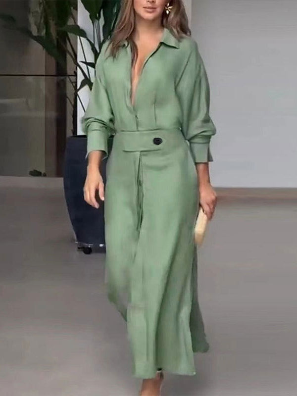 Elegant Long Sleeve Simple Shirt Dress-thevervian