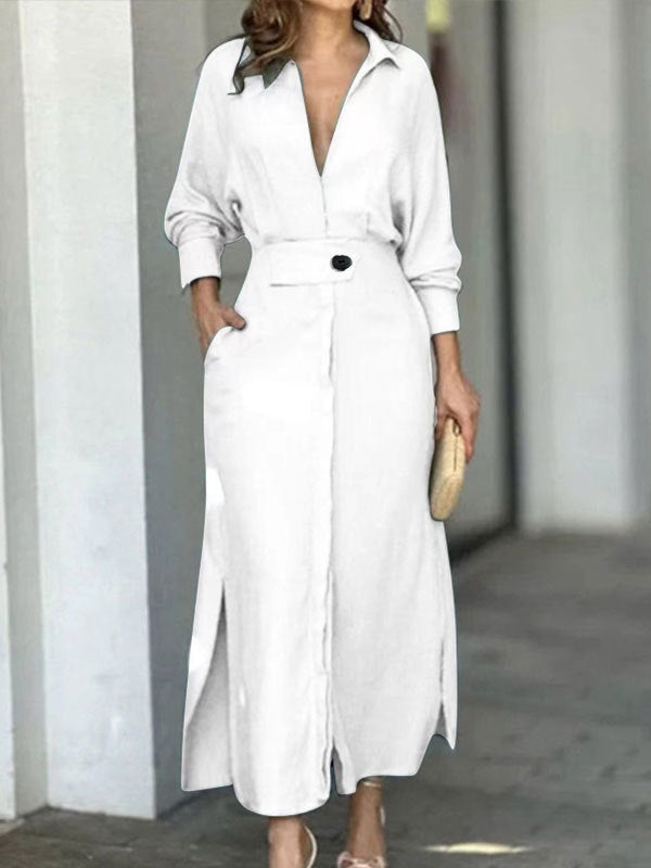 Elegant Long Sleeve Simple Shirt Dress-thevervian