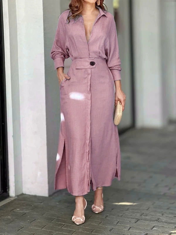 Elegant Long Sleeve Simple Shirt Dress-thevervian