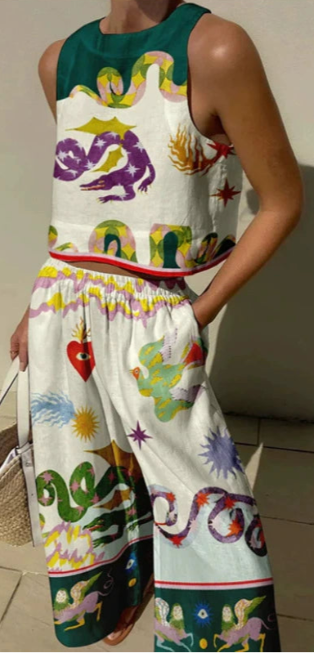 Unique Print Tank And Elastic Waist Pocketed Pants Set-thevervian