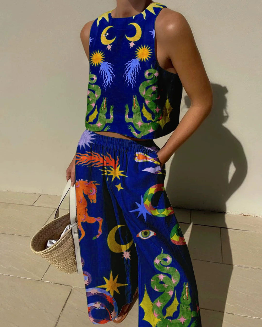 Unique Print Tank And Elastic Waist Pocketed Pants Set-thevervian