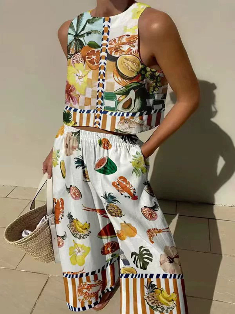 Unique Print Tank And Elastic Waist Pocketed Pants Set-thevervian