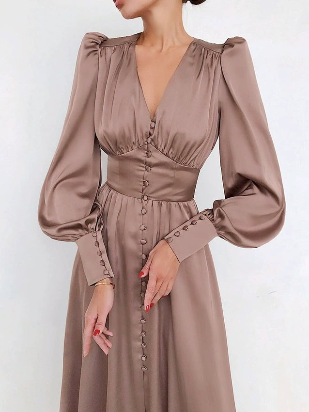 Satin Solid Balloon Sleeve V Neck Midi Dress-thevervian