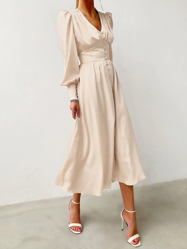 Satin Solid Balloon Sleeve V Neck Midi Dress-thevervian