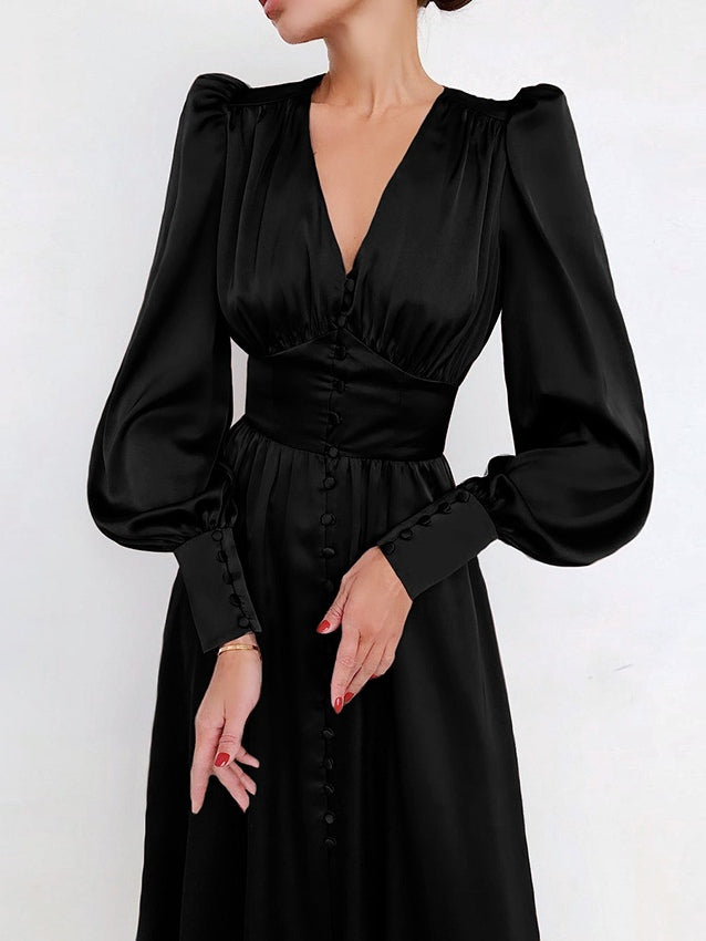 Satin Solid Balloon Sleeve V Neck Midi Dress-thevervian