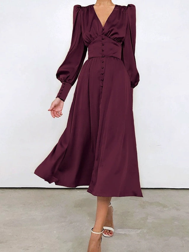 Satin Solid Balloon Sleeve V Neck Midi Dress-thevervian