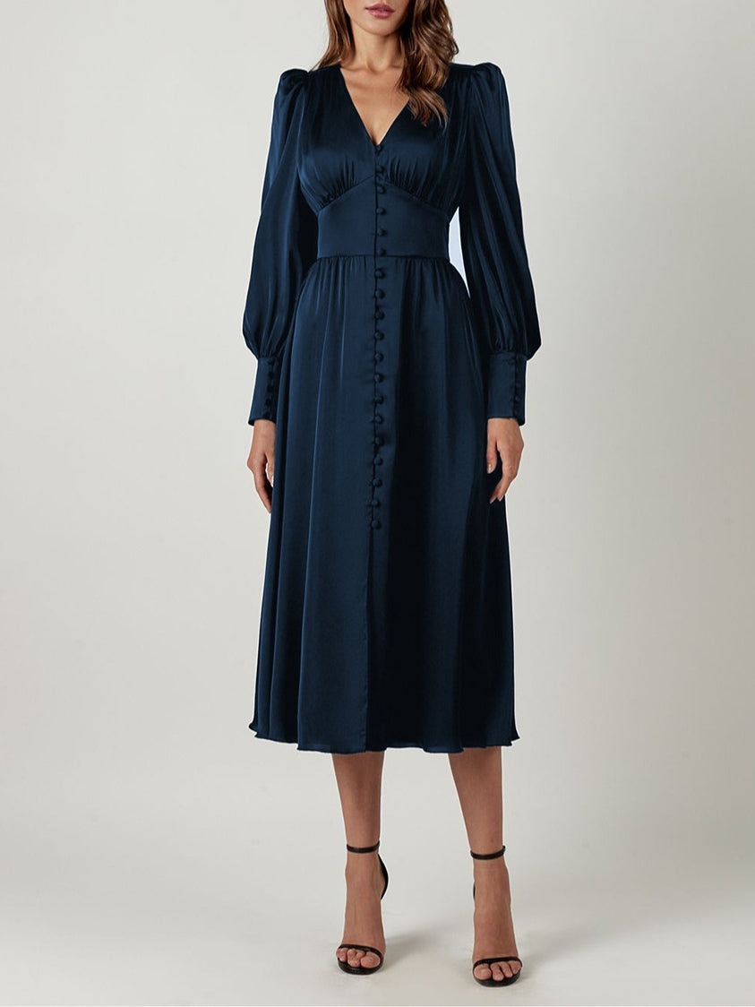 Satin Solid Balloon Sleeve V Neck Midi Dress-thevervian